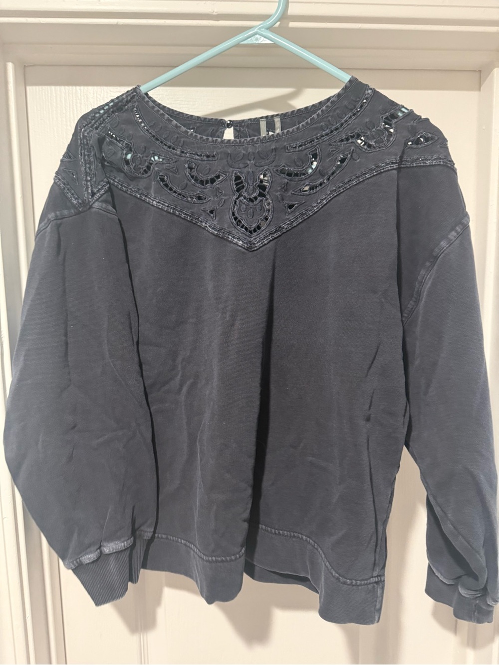 Anthropologie Black Embroidered Cutout-Neck Pullover Sweatshirt